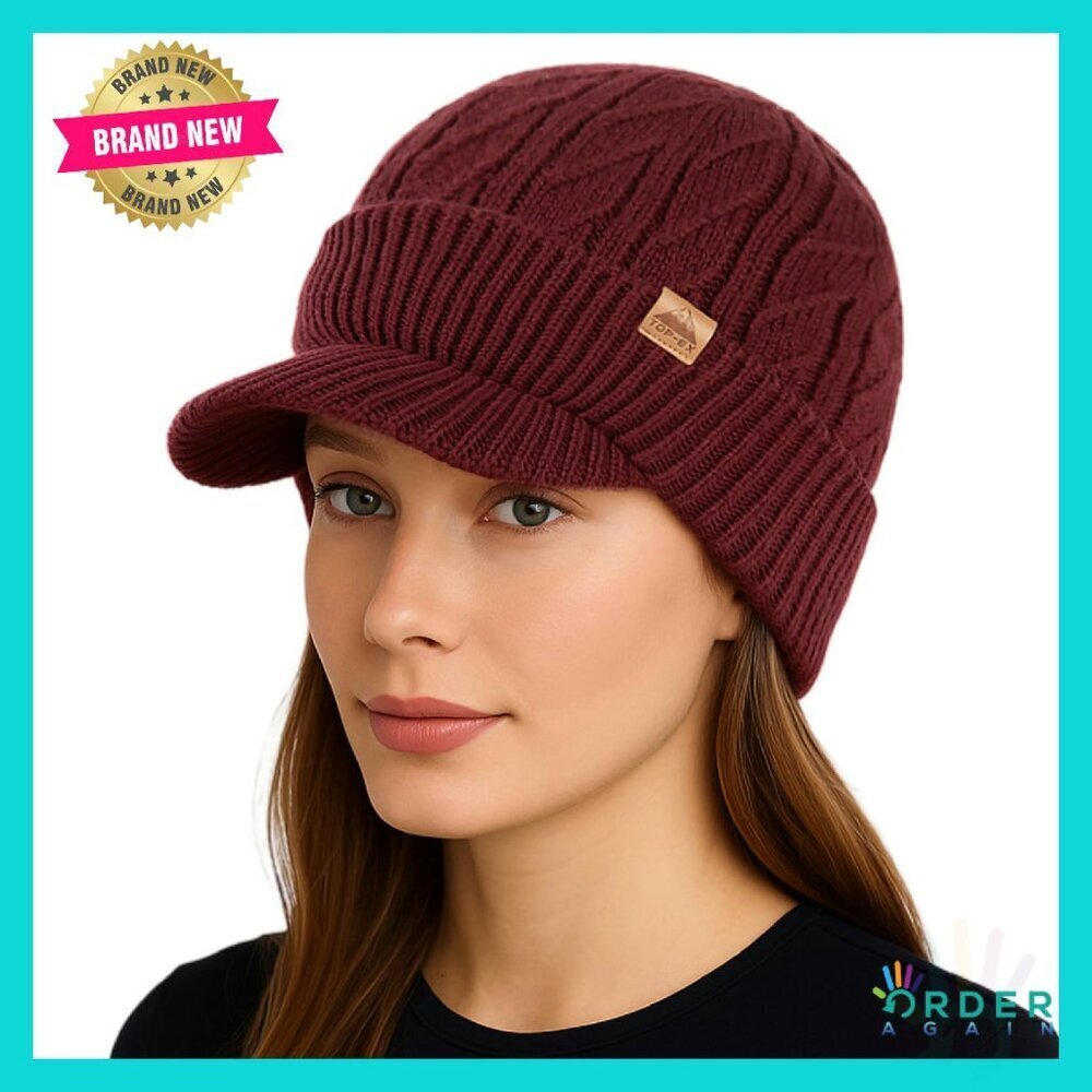 Waterproof Merino Wool Beanie with Brim Visor Warm Winter Knit Hat Unisex